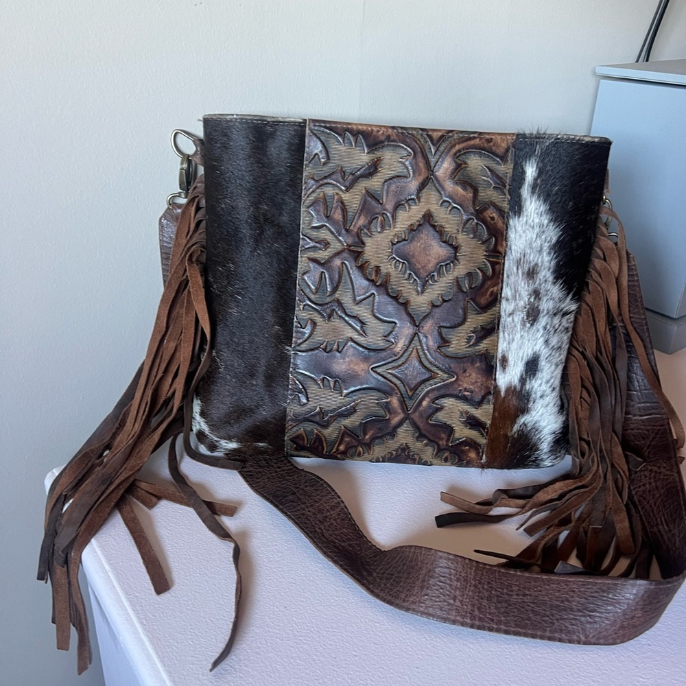 Brown and Black Crossbody Bag with Patchwork Design and Fringe